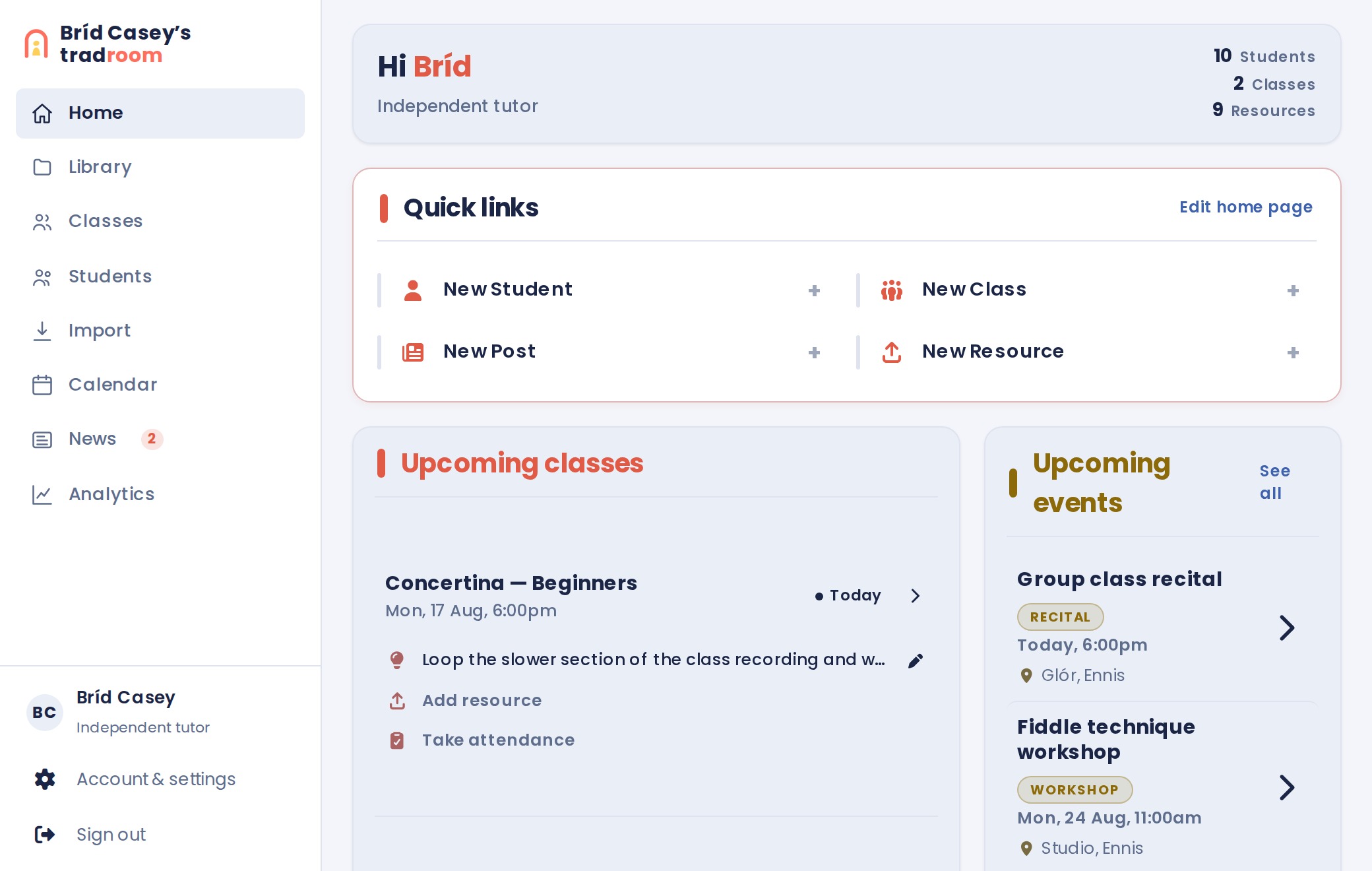 A tradroom tutor dashboard: students, classes and this week's lessons.