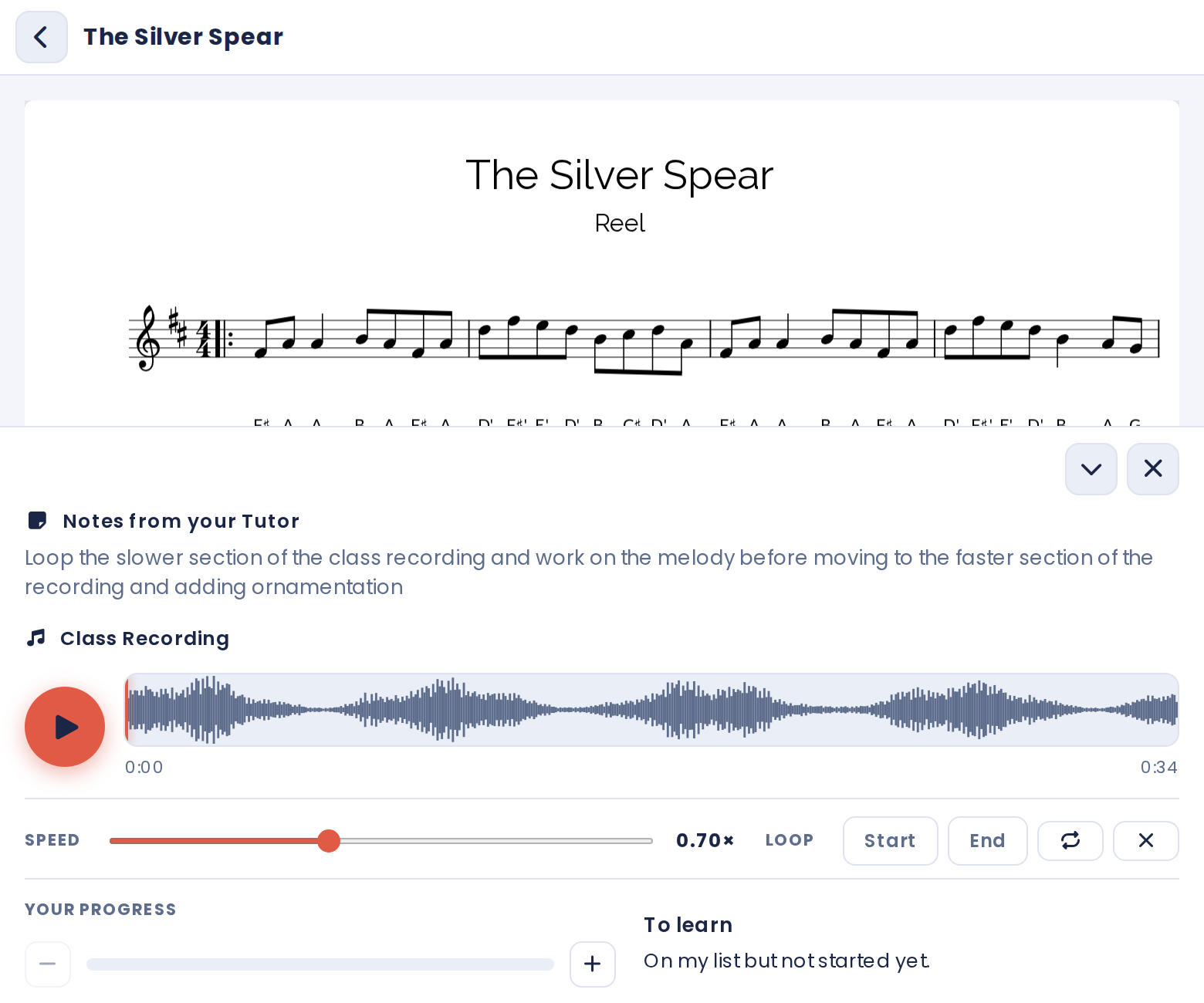 A tradroom student viewing notation full-screen with the practice player: a slow-down speed control and a looped section.